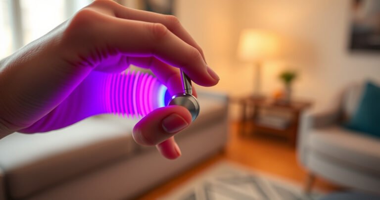 A close-up of a hand gracefully placing sleek, modern earphones into a vibrant ear, surrounded by colorful sound waves emanating from the device, with a softly blurred background of a cozy, inviting room, conveying a sense of ease and comfort in everyday technology.