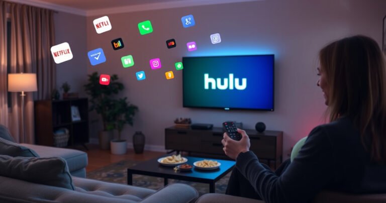A cozy living room with a modern smart TV displaying the Hulu logo, surrounded by a comfy couch, snacks on the coffee table, and soft ambient lighting. A person holding a remote looks excited, while colorful icons of streaming apps float in the air, creating a lively tech atmosphere perfect for streaming.