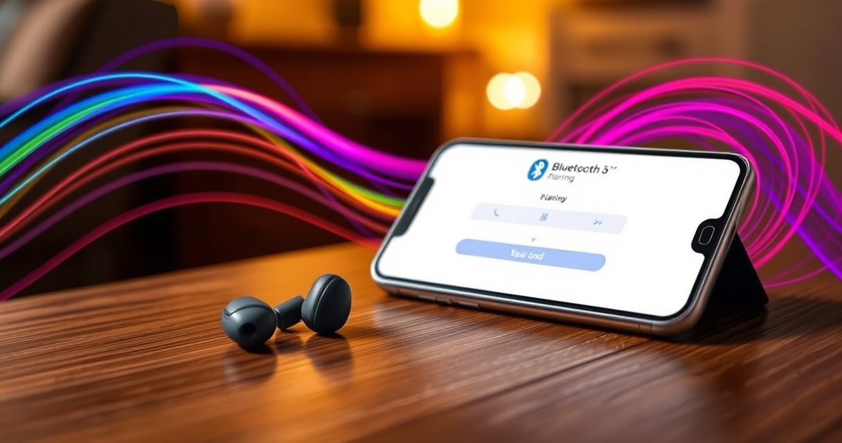 A pair of sleek wireless earbuds resting on a wooden table, surrounded by vibrant, swirling sound waves in various colors. A smartphone screen displays a Bluetooth pairing interface, with an inviting atmosphere of soft lighting and a cozy background, illustrating a seamless connection between technology and everyday life.