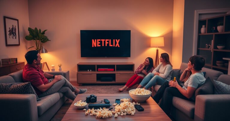 A cozy living room with a modern smart TV displaying the Netflix logo, a family gathered on a plush sofa, popcorn bowls scattered around, warm lighting creating a welcoming atmosphere, and a coffee table covered with tech gadgets and a user-friendly remote, all highlighting the joy of setting up and enjoying streaming together.
