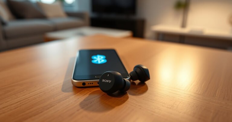 A close-up of sleek Sony earbuds resting on a modern wooden table, surrounded by a glowing smartphone with a Bluetooth symbol on the screen. Soft, ambient lighting highlights the earbuds' elegant design, while a blurred background features a cozy living space, creating a tech-savvy yet inviting atmosphere.