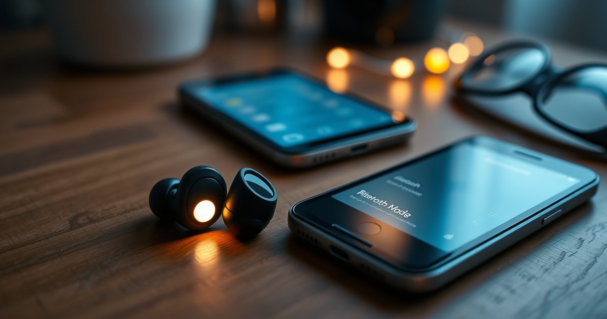 A close-up of sleek Soundcore earbuds resting on a wooden table, surrounded by gentle light. One earbud glows softly, symbolizing pairing mode, while a smartphone displays the Bluetooth settings screen. In the background, hints of modern tech accessories create a cozy, inviting atmosphere, emphasizing a seamless blend of style and technology.