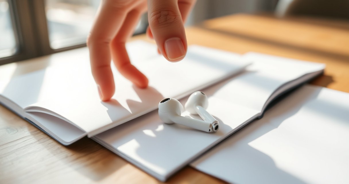 A close-up of a pair of sleek, white Apple earbuds resting on a wooden table, surrounded by an open user manual. Sunlight filters through a nearby window, casting soft shadows, while a hand delicately reaches for one earbud, embodying a sense of discovery and ease in a modern, minimalist setting.