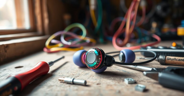 A close-up of a pair of vibrant Skullcandy earbuds on a wooden workbench, surrounded by small tools like a screwdriver and pliers, with colorful wires and circuit boards in the background, highlighting a sense of DIY repair and creativity, illuminated by soft natural light streaming through a nearby window.