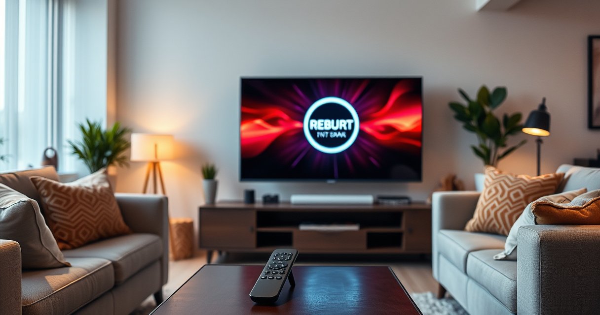 A modern living room featuring a sleek smart TV displaying a vibrant reboot screen, surrounded by cozy furniture. Soft lighting illuminates the space, emphasizing a user-friendly remote control resting on a coffee table. A calming atmosphere with hints of tech decor, inviting viewers to explore easy steps for troubleshooting their devices.