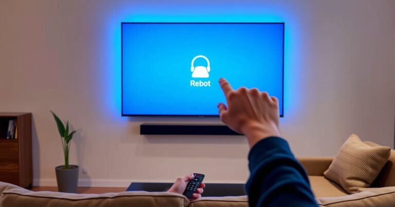 A sleek Vizio Smart TV on a modern living room wall, displaying a vibrant blue reboot screen. Soft ambient lighting highlights a cozy sofa and a coffee table with a remote control. A hand reaches toward the screen, symbolizing the act of rebooting, while a stylish plant adds a touch of greenery in the background.