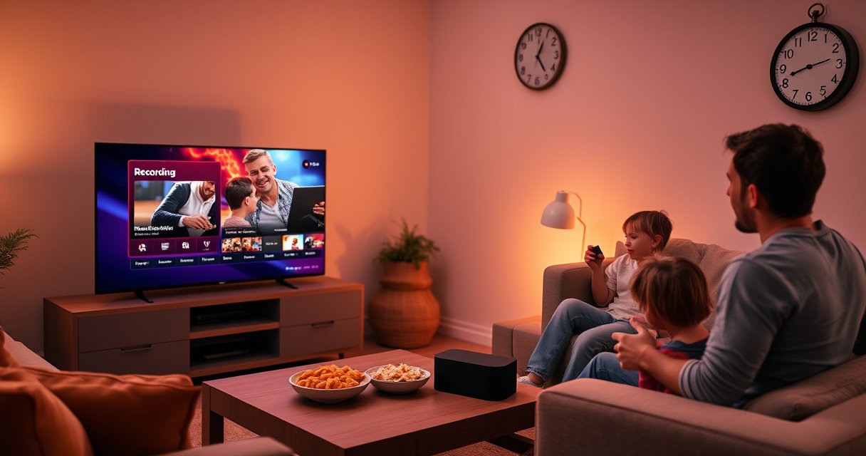 A cozy living room with a modern smart TV displaying a vibrant recording interface, surrounded by a soft couch, snacks on a coffee table, and a family enthusiastically setting up their recording device. Warm ambient light creates a welcoming atmosphere, while a digital clock on the wall hints at the excitement of upcoming shows.