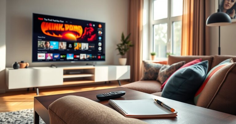 A sleek modern living room with a large smart TV displaying vibrant streaming content, a cozy couch adorned with colorful cushions, a stylish remote control resting on a coffee table, and a window with sunlight streaming in, casting warm shadows. A notepad and pen sit nearby, hinting at tips for recording shows.