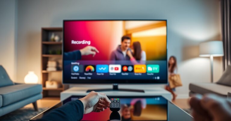 A sleek Samsung Smart TV displaying a vibrant, colorful interface with a user navigating the recording feature, surrounded by a cozy living room setting. Soft ambient lighting highlights the modern furniture, while a remote control rests on a stylish coffee table. A blurred scene of a family enjoying their favorite show adds warmth and liveliness to the image.