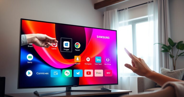 A sleek Samsung Smart TV displayed in a modern living room, with a vibrant interface showing app icons being removed. Bright colors and dynamic visuals highlight the ease of navigation, while a hand gestures towards an app with a subtle glowing effect. Soft natural light filters through a nearby window, enhancing the contemporary ambiance.