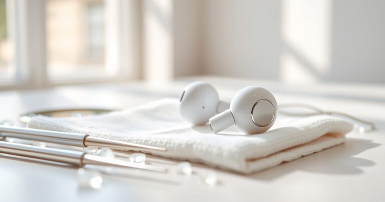 A close-up of sparkling clean earbuds resting on a soft, white cloth, surrounded by tiny tools for safe cleaning, with glistening drops of gentle cleaning solution nearby. Bright sunlight filters through a window, casting soft shadows, while a minimalist background features pastel colors evoking a fresh, hygienic atmosphere.