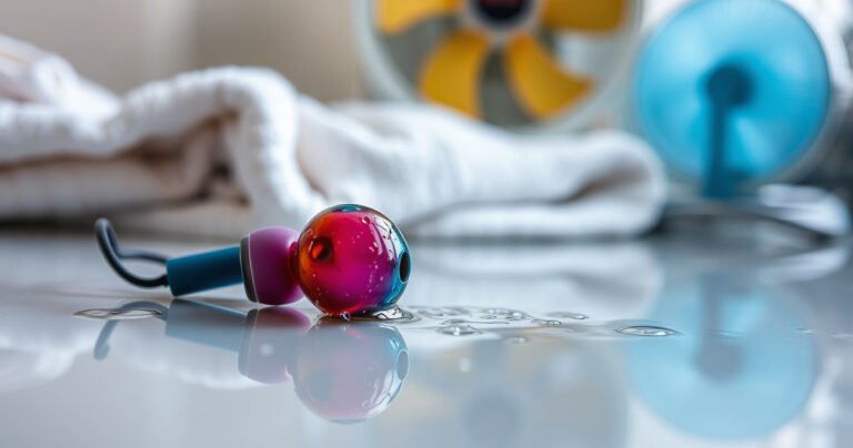 A close-up of colorful, water-drenched wireless earbuds lying on a smooth, reflective surface. Tiny droplets glisten in the light, with soft towels and a gentle fan in the blurred background, suggesting the drying process. The scene conveys a sense of urgency and care, emphasizing the importance of keeping electronics dry.