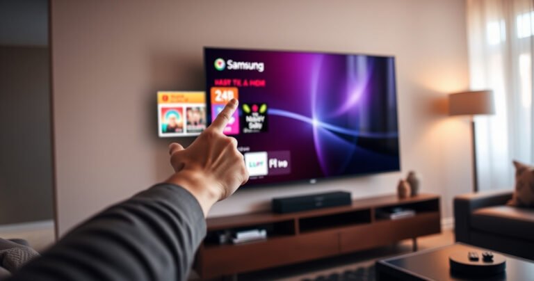 A sleek Samsung Smart TV on a modern living room wall, displaying a vibrant app interface. A hand reaches toward the screen, hovering over a colorful app icon. The room is cozy, filled with warm lighting and stylish furniture, conveying a tech-savvy yet inviting atmosphere, with a remote control resting on a coffee table nearby.