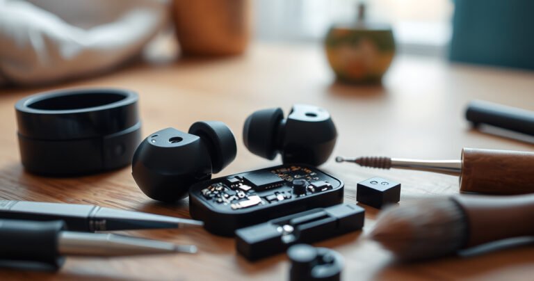 A close-up of a pair of wireless earbuds disassembled, showcasing intricate circuitry and tiny components. Surrounding them are essential repair tools like tweezers, a small screwdriver, and a cleaning brush, all set against a soft, blurred background of a cozy workspace. Natural light filters in, highlighting the delicate details and inviting a sense of DIY creativity.