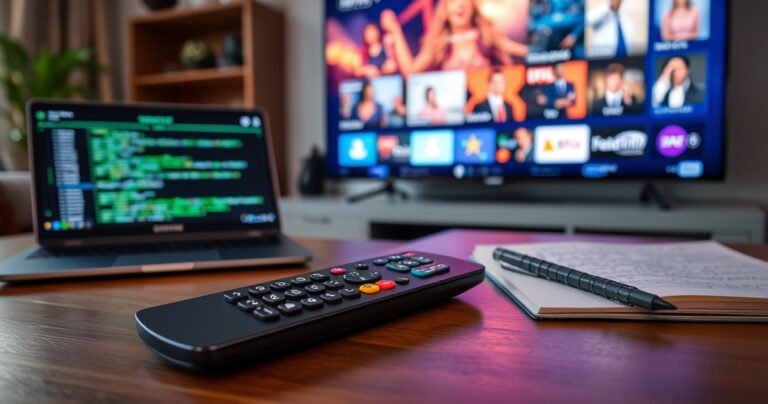 A sleek Samsung Smart TV remote lying on a wooden table, surrounded by colorful buttons glowing softly. In the background, a large flat-screen TV displays vibrant streaming content, while a laptop with coding scripts and a notepad filled with notes sits nearby, symbolizing the reprogramming process in a cozy living room setting.