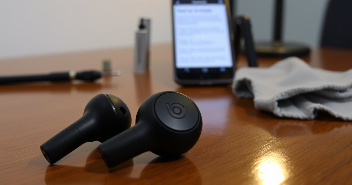 A close-up of sleek, black Beats earbuds resting on a glossy wooden table, with a soft, ambient light illuminating their contours. In the background, a blurred smartphone displays a troubleshooting guide, surrounded by tools like a small screwdriver and a clean microfiber cloth, evoking a sense of tech repair and innovation.