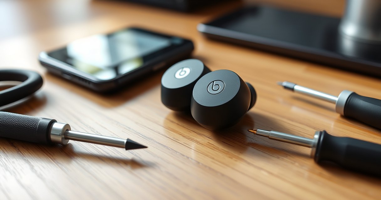 A close-up of sleek Beats wireless earbuds resting on a wooden table, surrounded by tools like a small screwdriver and a smartphone displaying settings, with soft natural light illuminating the scene, highlighting the earbuds' design and the step-by-step process, evoking a sense of clarity and ease in tech troubleshooting.