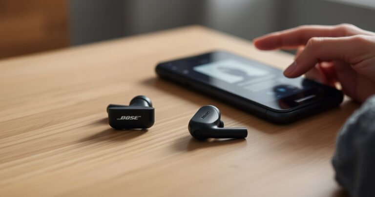 A close-up of sleek Bose QuietComfort 2 earbuds resting on a minimalist wooden surface, with soft ambient light highlighting their contours. A user’s hand is gently positioned nearby, interacting with a smartphone displaying a tutorial screen, surrounded by a serene, clutter-free environment that exudes tranquility and focus.