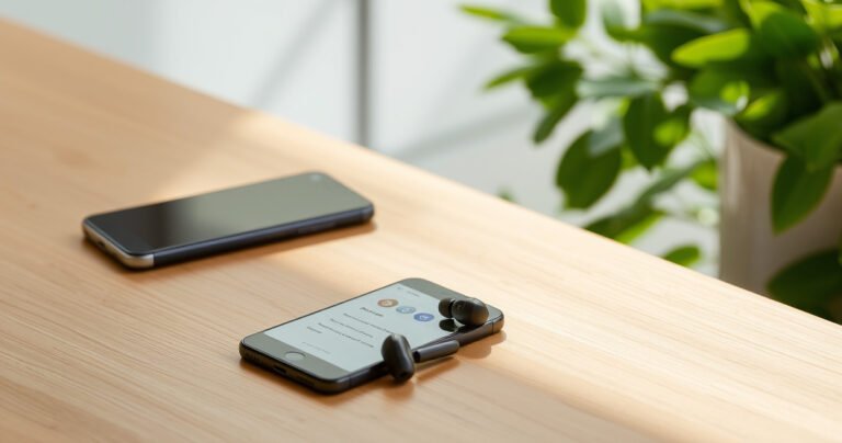 A sleek pair of Bose QuietComfort Ultra Earbuds resting on a minimalist wooden table, surrounded by soft, diffused light. Nearby, an open smartphone displays a user-friendly tutorial interface, while a calming background features lush greenery, symbolizing tranquility and clarity. The earbuds are slightly angled, showcasing their elegant design and modern technology.