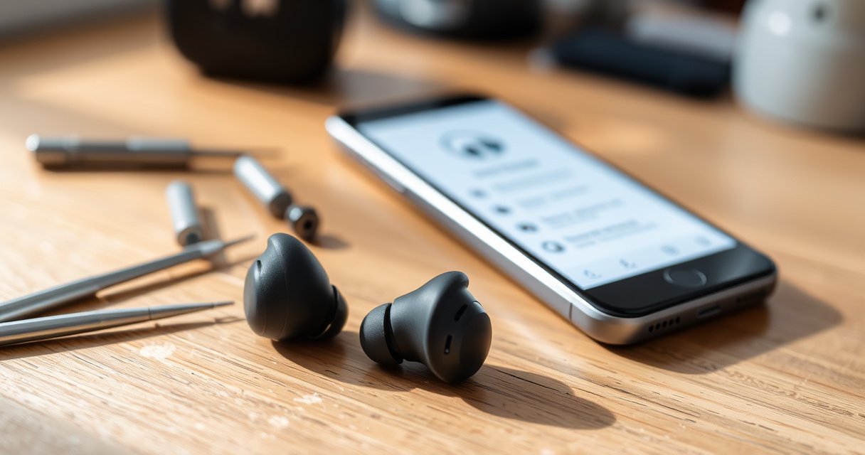 A close-up view of a pair of sleek wireless earbuds resting atop a wooden table, surrounded by scattered small tools like a screwdriver and tweezers, with an open smartphone app displaying a troubleshooting guide in the background, soft natural light illuminating the scene, creating an inviting and tech-savvy atmosphere.
