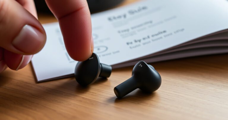 A close-up of sleek Indy Evo earbuds resting on a smooth wooden surface, surrounded by soft ambient lighting. The earbuds are slightly open, revealing their elegant design. A hand, gently holding one earbud, hints at a user about to reset them. In the background, a minimalist guidebook with step-by-step instructions is partially visible.