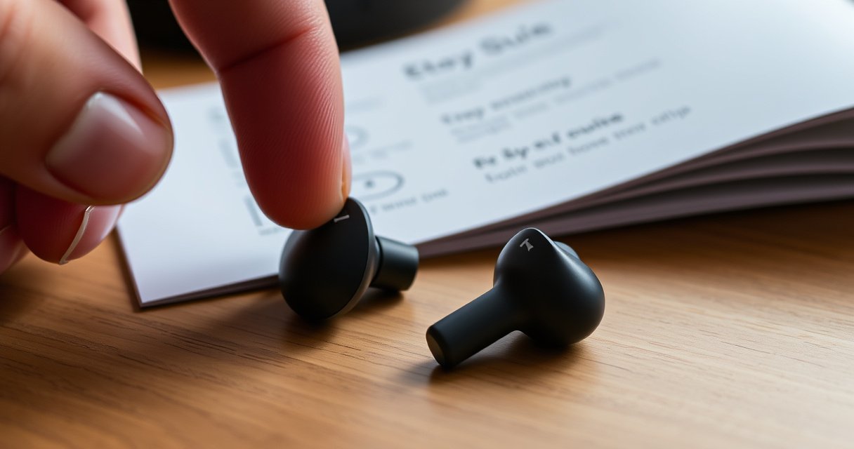 A close-up of sleek Indy Evo earbuds resting on a smooth wooden surface, surrounded by soft ambient lighting. The earbuds are slightly open, revealing their elegant design. A hand, gently holding one earbud, hints at a user about to reset them. In the background, a minimalist guidebook with step-by-step instructions is partially visible.