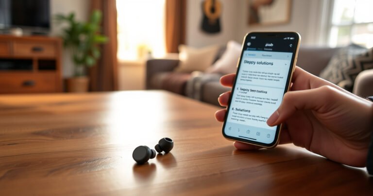 A close-up of sleek JLab earbuds resting on a stylish wooden table, surrounded by a soft-focus background of a cozy living room. Warm sunlight filters through a window, illuminating a smartphone displaying step-by-step instructions. A pair of hands gently holds the earbuds, creating an inviting atmosphere for tech enthusiasts seeking solutions.