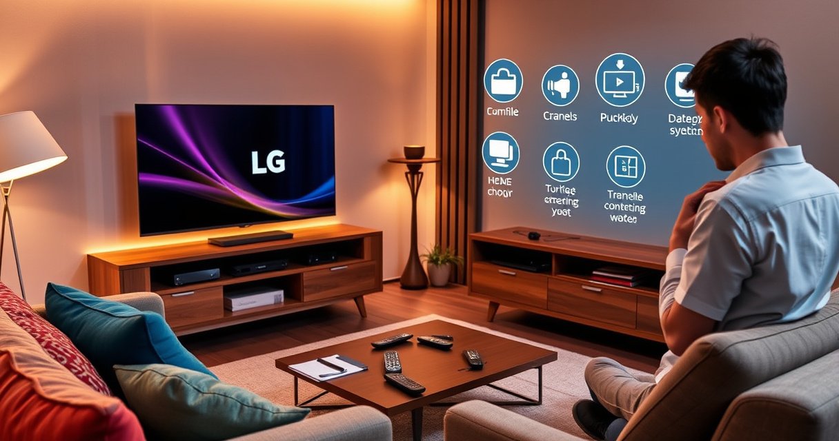 A sleek modern living room featuring an LG Smart TV on a stylish wooden stand, a cozy sofa with colorful cushions, a coffee table cluttered with remote controls and a notepad, warm ambient lighting casting a soft glow, and a person thoughtfully examining the TV screen, surrounded by digital icons symbolizing troubleshooting steps.