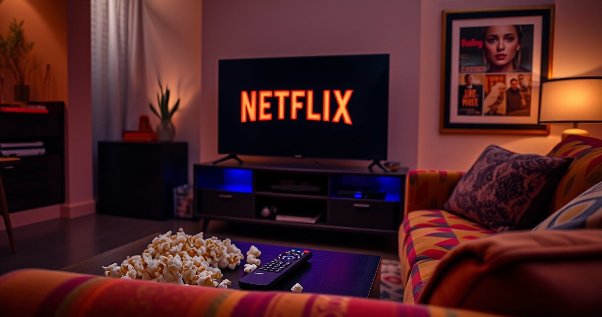 A cozy living room with a sleek smart TV displaying the Netflix logo, a remote control resting on a colorful couch, popcorn scattered on a coffee table, soft ambient lighting casting a warm glow, and a framed wall art of movie scenes, evoking a sense of relaxation and entertainment.