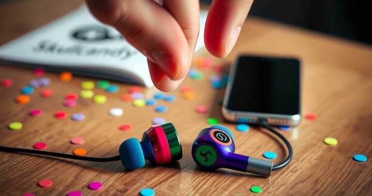 A close-up of vibrant Skullcandy earbuds resting on a wooden table, surrounded by scattered, colorful sound waves. A hand hovers over the earbuds, poised to press the reset button, with soft ambient lighting highlighting the sleek design. In the background, a blurred tech manual and smartphone hint at easy troubleshooting steps.