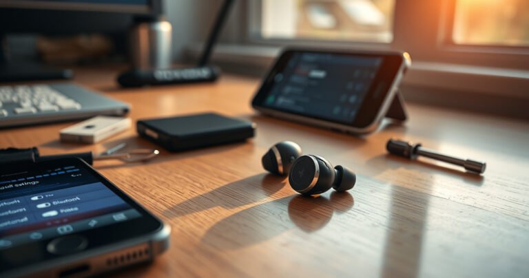 A close-up of sleek Skullcandy wireless earbuds resting on a modern wooden desk, surrounded by scattered tools like a tiny screwdriver and a smartphone displaying Bluetooth settings, illuminated by warm, natural light filtering through a nearby window, evoking a feeling of tech-savvy simplicity and user-friendly design.