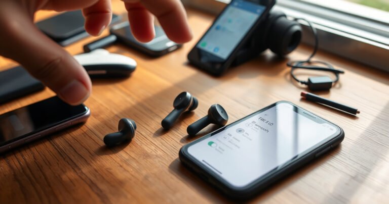 A close-up of sleek, modern TWS 5.0 earbuds resting on a wooden table, surrounded by scattered tech gadgets and a smartphone displaying a Bluetooth settings screen. Soft natural light filters through a nearby window, casting gentle shadows, while a hand reaches towards the earbuds, symbolizing the reset process.