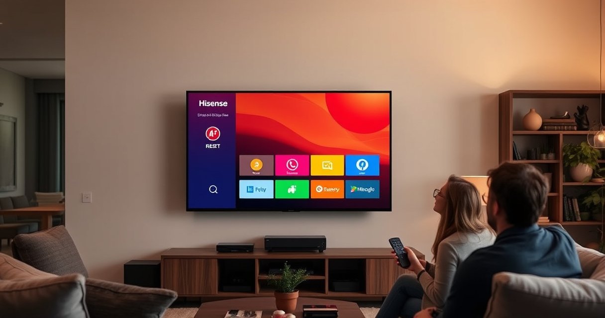 A sleek Hisense Smart TV on a modern living room wall, displaying the reset menu with vibrant icons. Surrounding the TV are cozy furnishings, soft lighting, and a hint of a family engaged in tech support, with a remote in hand. The ambiance evokes a mix of familiarity and tech-savvy comfort, ready for troubleshooting.