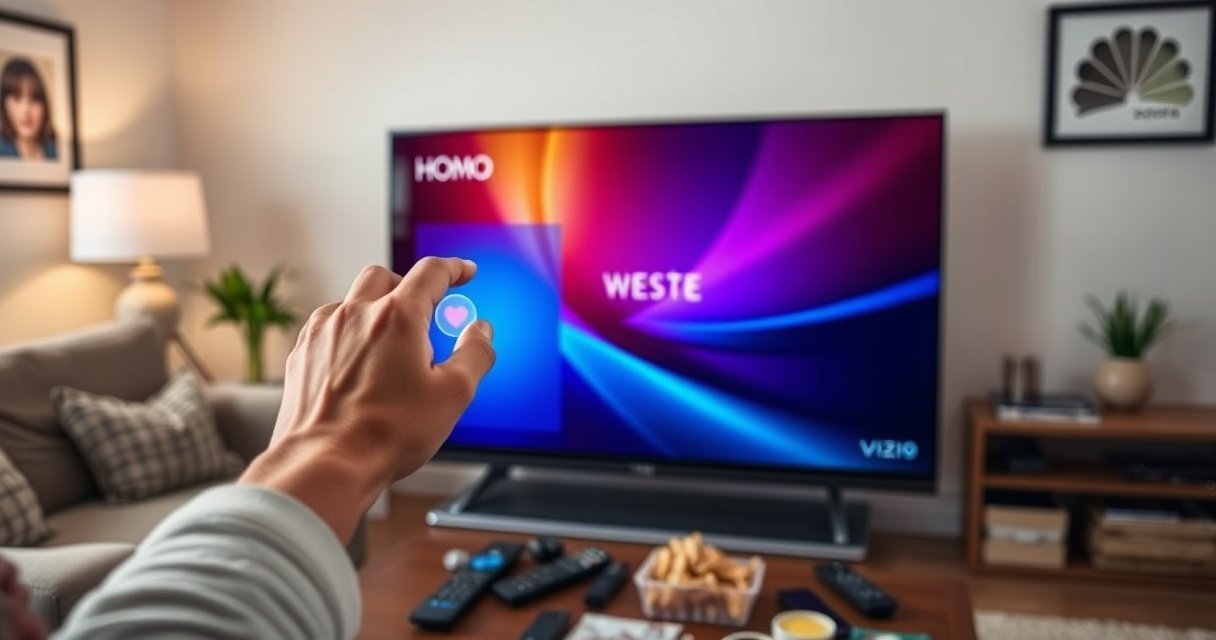 A close-up of a sleek Vizio Smart TV displaying a vibrant home screen, surrounded by a cozy living room with soft lighting, a comfortable couch, and a coffee table cluttered with remote controls and snacks. A hand reaches out to press the reset button, symbolizing a fresh start and technological renewal.