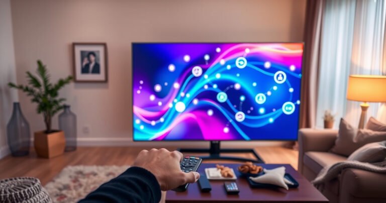A sleek, modern Samsung TV displaying a vibrant, abstract digital interface with glowing icons representing connectivity. In the background, a cozy living room with soft lighting, plush furniture, and a coffee table cluttered with remote controls and snacks. A person is thoughtfully tapping on the TV remote, surrounded by a warm, inviting atmosphere.