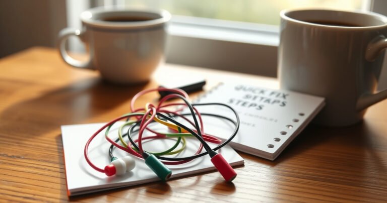 A close-up of colorful, tangled earbuds resting on a wooden table, surrounded by a cup of coffee and a notepad with quick fix steps scribbled down. Soft morning light filters through a nearby window, creating a cozy and inviting atmosphere that highlights the frustration and simplicity of troubleshooting tech issues.