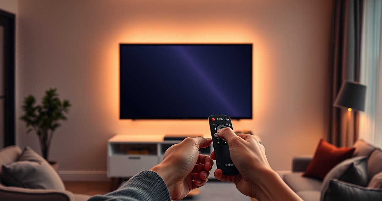 A sleek Philips Smart TV on a modern living room wall, glowing softly in ambient light. A hand reaches toward the remote, with a focus on the button labeled "Restart." Cozy furniture surrounds the scene, and a warm atmosphere invites viewers to engage in the simple act of refreshing their tech experience.