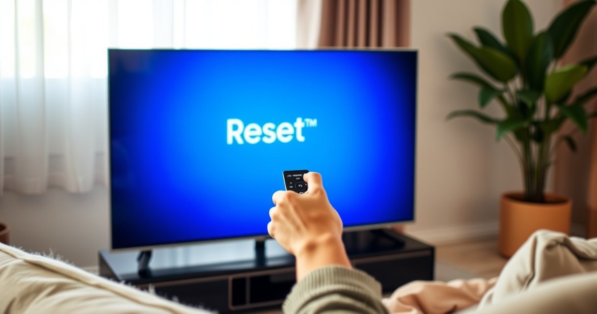 A close-up of a sleek, modern Samsung Smart TV displaying a vibrant blue reset screen, with a hand reaching towards the remote, surrounded by cozy living room elements like a plush sofa, soft lighting, and a potted plant, creating an inviting atmosphere that suggests ease and simplicity in technology.