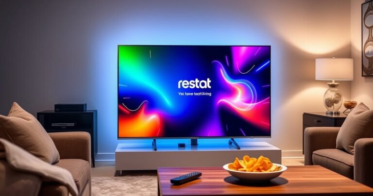 A sleek Samsung Smart TV displaying a vibrant, animated restart screen with colorful graphics, set against a cozy living room backdrop. The TV is surrounded by plush furniture, soft lighting, and a coffee table with snacks, inviting viewers to engage in a seamless tech experience. A remote control rests nearby, emphasizing convenience and modern living.