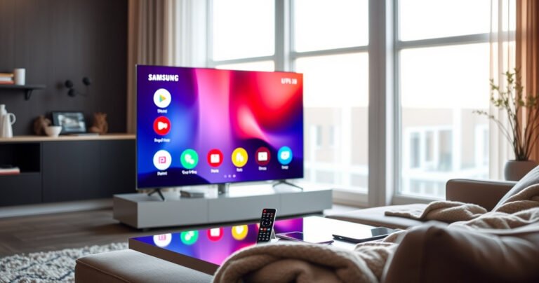 A sleek Samsung Smart TV displayed in a modern living room, glowing softly with vibrant app icons. A remote control rests on a stylish coffee table, with a cozy blanket draped over a plush sofa. Natural light filters through large windows, illuminating tech accessories like a smartphone and tablet, creating a warm, inviting atmosphere.