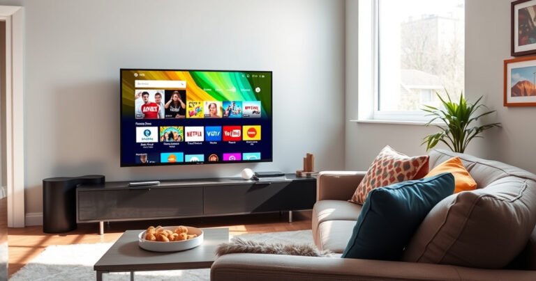 A sleek modern living room showcasing a large smart TV displaying vibrant streaming icons, with a cozy sofa adorned with colorful cushions. Sunlight streams through a window, illuminating a side table with snacks and a remote control. In the background, a colorful wall with framed art creates an inviting atmosphere for tech-savvy viewers.