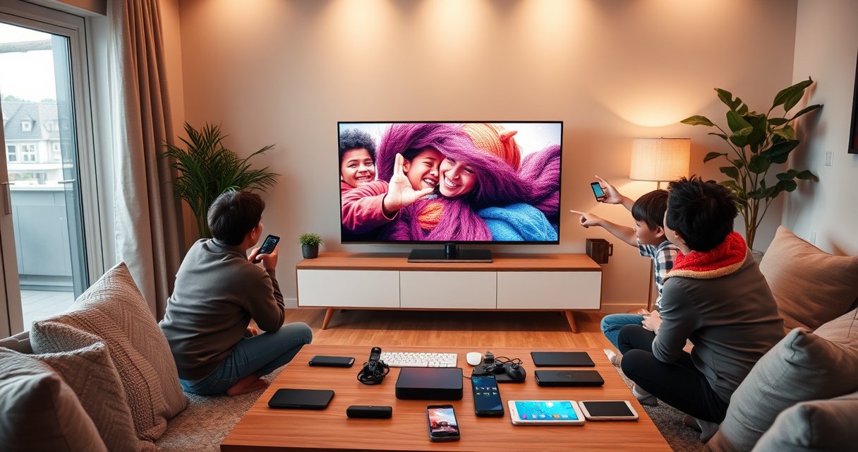 A cozy living room with a sleek Samsung Smart TV displaying vibrant images from a smartphone screen. A family gathered around, excitedly pointing at the TV, with a backdrop of warm lighting and modern decor. A coffee table strewn with tech gadgets, highlighting the seamless connection between devices, creating an inviting atmosphere of togetherness and technology.