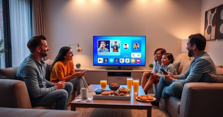 A cozy living room scene featuring a family gathered around a sleek smart TV displaying a vibrant screen sharing interface. Soft ambient lighting enhances the modern decor, while snacks and drinks are scattered on a stylish coffee table. Laughter and excitement fill the air as they connect their devices, bridging technology and togetherness.