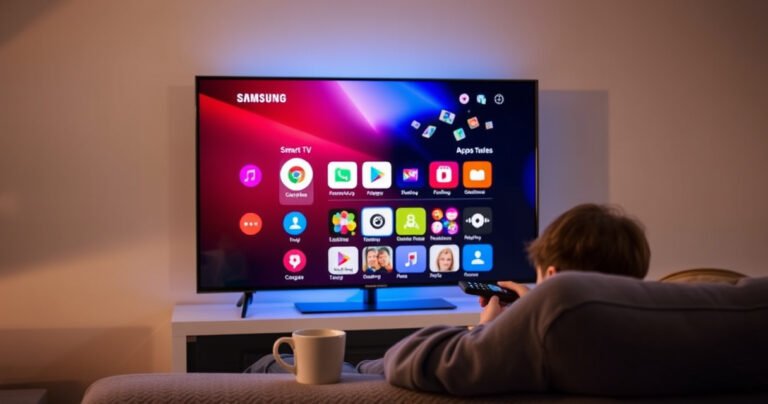 A sleek Samsung Smart TV glowing in a cozy living room, displaying a vibrant app store interface, colorful app icons floating around. Soft ambient lighting casts shadows on a plush sofa, while a user curiously navigates with a remote. A warm mug of coffee rests nearby, evoking a sense of comfort and modern technology.