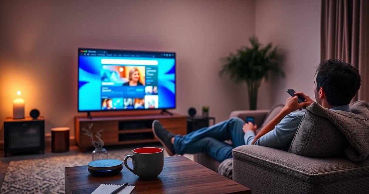 A cozy living room with a sleek smart TV displaying a vibrant web browser interface, a person casually seated on a plush couch, a remote control in hand, surrounded by soft ambient lighting. A coffee table holds a steaming mug and a notepad, while a digital assistant device rests in the background, ready to help.