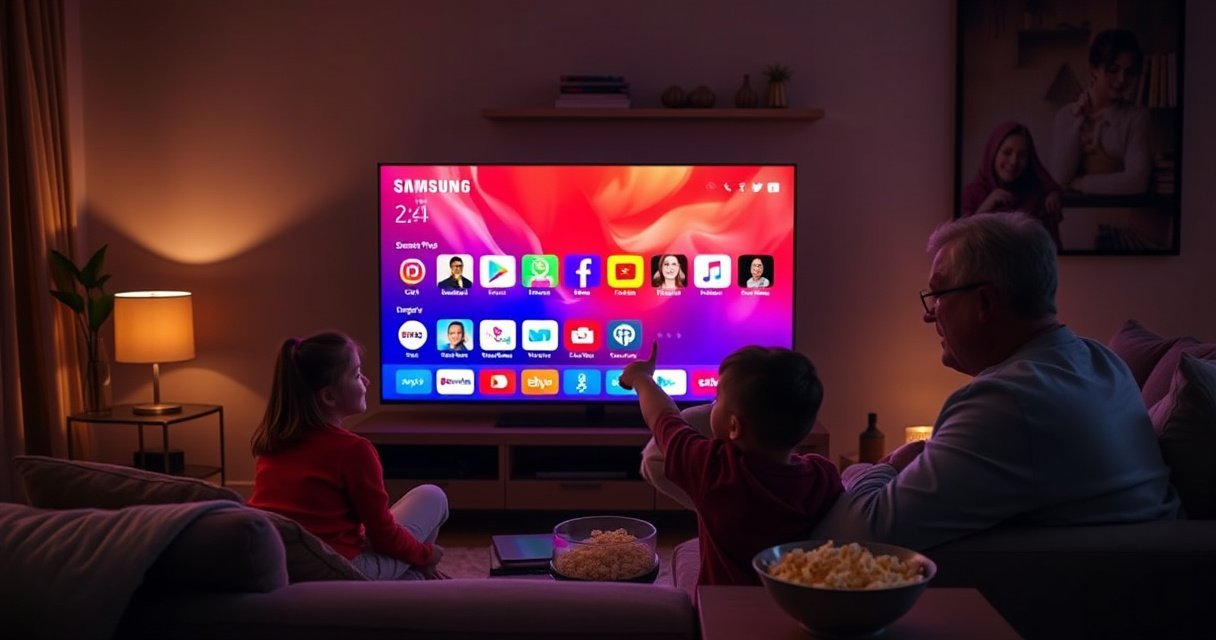 A sleek Samsung Smart TV displaying a vibrant app interface, surrounded by a cozy living room with modern decor, a family eagerly gathered on a stylish couch, pointing at the screen, colorful app icons glowing in the dim light, a warm ambiance created by soft lighting, and a hint of a popcorn bowl on the side table.