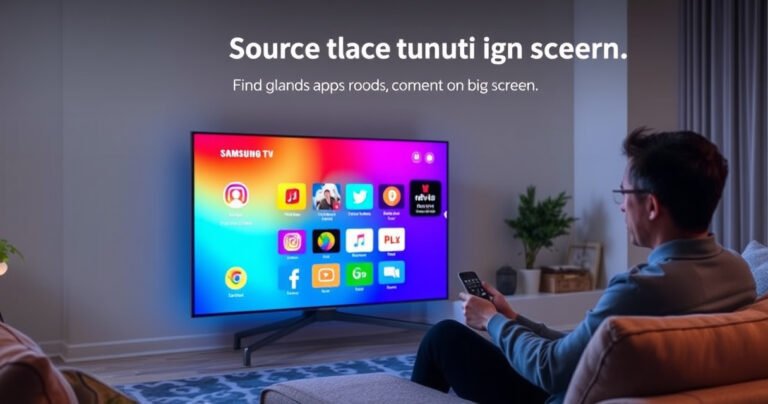 A sleek Samsung Smart TV sits in a modern living room, glowing brightly with a colorful app interface. A user, engaged and curious, navigates with a remote control, surrounded by cozy furnishings and soft lighting. The scene conveys a sense of exploration and technology, highlighting the ease of finding apps on the big screen.