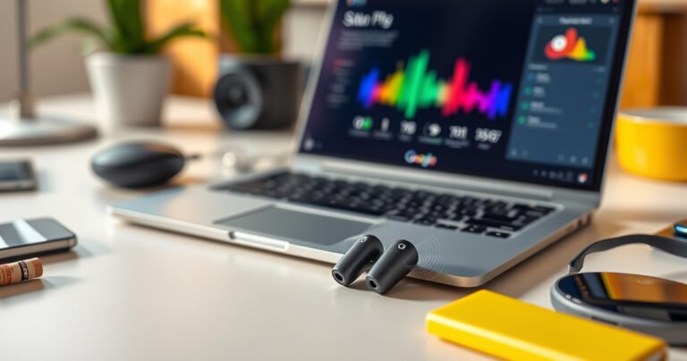 A close-up view of sleek Google earbuds nestled in a minimalist workspace, surrounded by vibrant tech gadgets, an open laptop displaying setup instructions, and colorful soundwave graphics radiating from the earbuds, creating a lively atmosphere of innovation and connectivity, with soft, natural lighting illuminating the scene.