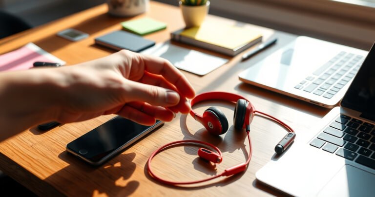A sleek workspace featuring vibrant red and black Beats earbuds prominently displayed on a stylish wooden desk, surrounded by a smartphone, a laptop, and colorful sticky notes. Soft morning light filters through a nearby window, casting gentle shadows, while a hand reaches out, poised to connect the earbuds, conveying an inviting, tech-savvy atmosphere.