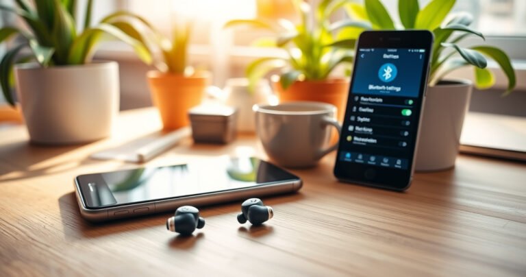 A modern workspace featuring sleek Sony earbuds resting on a wooden desk, surrounded by a smartphone displaying the Bluetooth settings screen, a steaming cup of coffee, and vibrant houseplants. Soft natural light filters through a nearby window, illuminating the scene and creating a cozy, tech-savvy atmosphere perfect for learning quick setup steps.